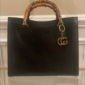 Gucci Diana Black Leather Bamboo Tote Bag